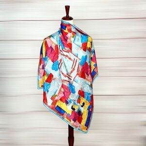 Albert Nipon for XIIX KARAT Silk Scarf Abstract Red Blue Yellow Vintage Japan
